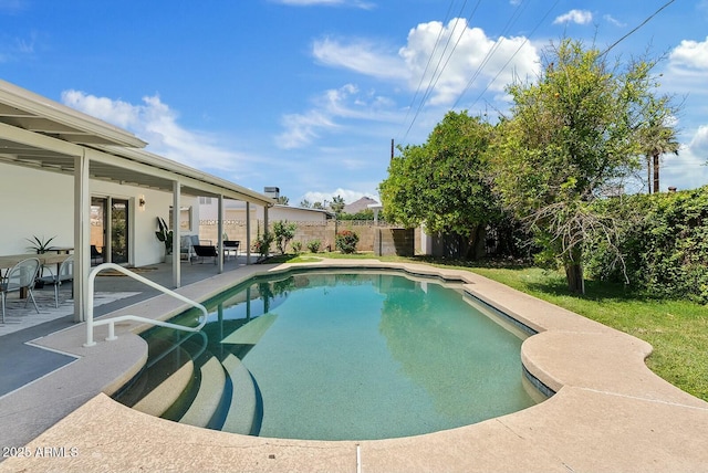 view of swimming pool with a fenced backyard, a patio, and a fenced in pool
