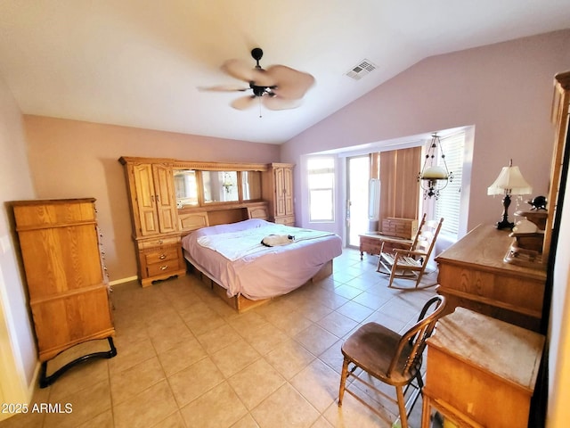 17257 W Papago St, Goodyear, AZ 85338 - bedroom featuring vaulted ceiling, light tile patterned flooring, and ceiling fan