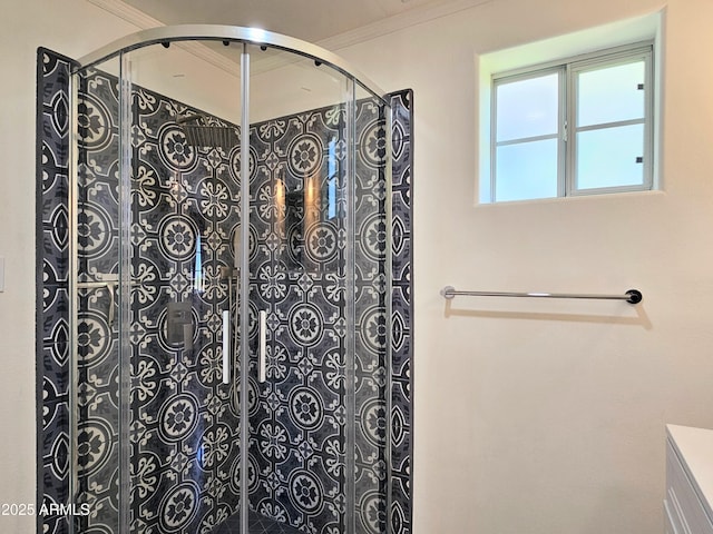 1374 S Naco Hwy, Bisbee, AZ 85603 - full bath with a stall shower, crown molding, and vanity