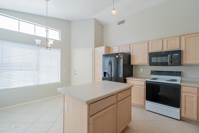 kitchen with black appliances, light tile patterned floors, visible vents, and light brown cabinetry