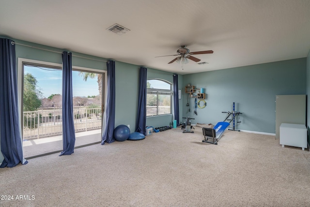 exercise room with carpet flooring, plenty of natural light, and ceiling fan