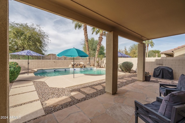 view of patio / terrace with a fenced in pool and grilling area