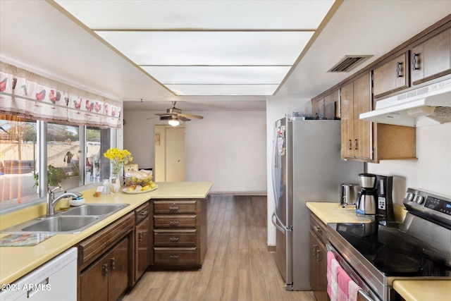 kitchen featuring kitchen peninsula, light wood-type flooring, white dishwasher, sink, and stainless steel range with electric cooktop