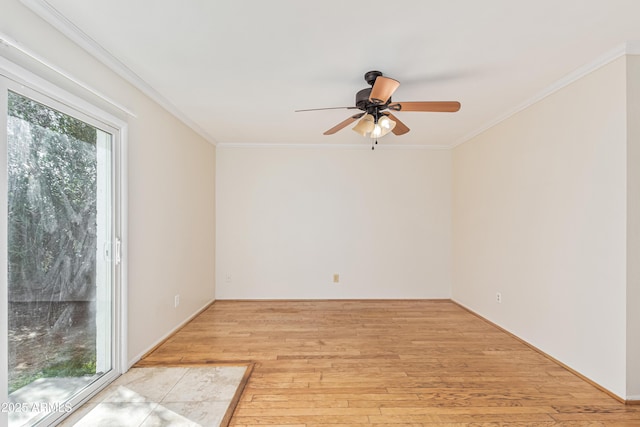 empty room with ceiling fan, ornamental molding, and light hardwood / wood-style floors