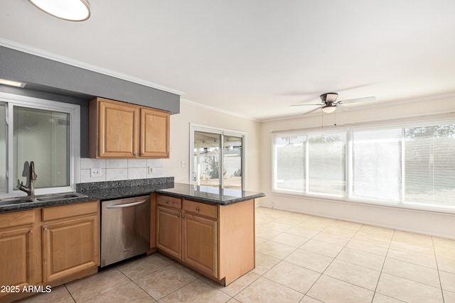 kitchen with kitchen peninsula, light tile patterned flooring, crown molding, stainless steel dishwasher, and sink