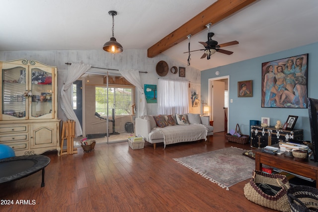 living room featuring lofted ceiling with beams, ceiling fan, and dark wood-type flooring