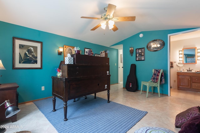 office with ceiling fan and lofted ceiling