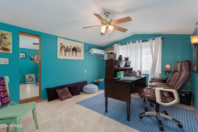 carpeted office space featuring a wall mounted AC, lofted ceiling, and ceiling fan