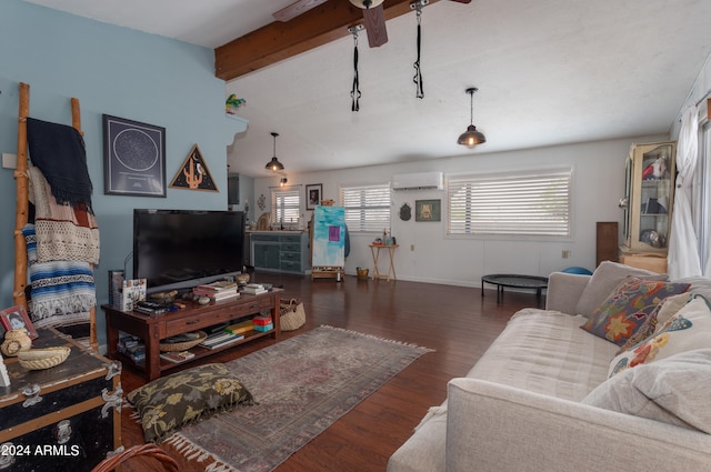 living room featuring vaulted ceiling with beams, a wall mounted AC, and dark wood-type flooring