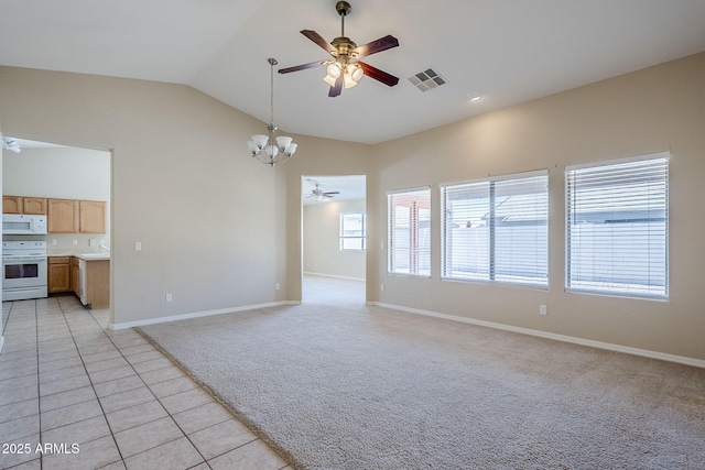 43205 W Oster Dr, Maricopa, AZ 85138 - unfurnished living room with a ceiling fan, a chandelier, baseboards, lofted ceiling, and light carpet