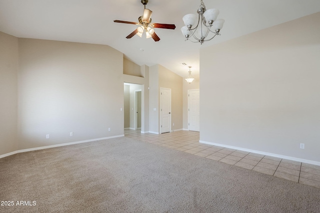 43205 W Oster Dr, Maricopa, AZ 85138 - empty room with light carpet, light tile patterned floors, ceiling fan, baseboards, and high vaulted ceiling