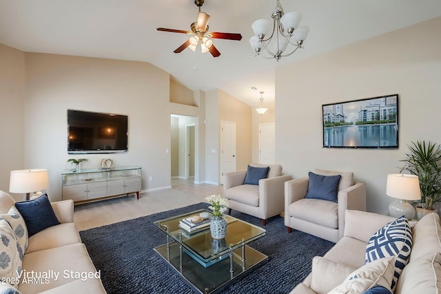 43205 W Oster Dr, Maricopa, AZ 85138 - living room featuring vaulted ceiling, ceiling fan, baseboards, and a chandelier