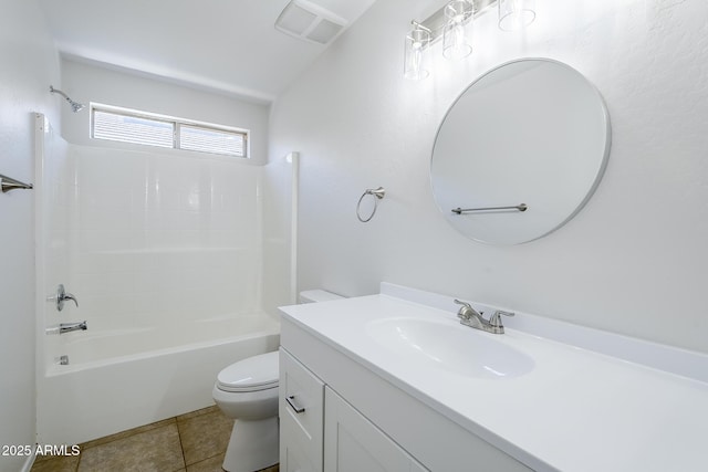 full bathroom featuring tile patterned flooring, vanity, toilet, shower / washtub combination, and visible vents