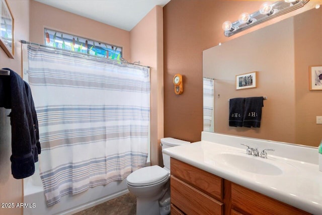 full bathroom with shower / bath combination with curtain, vanity, and toilet