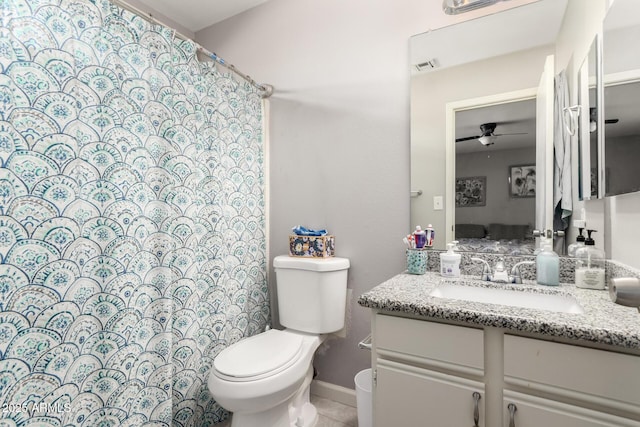 bathroom featuring ceiling fan, curtained shower, toilet, and vanity