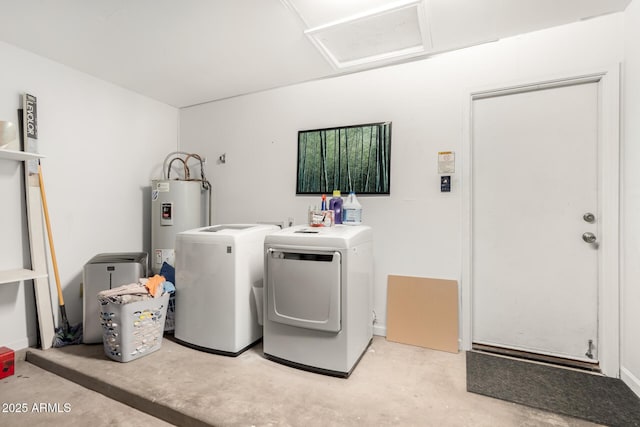 laundry room with water heater and washer and clothes dryer