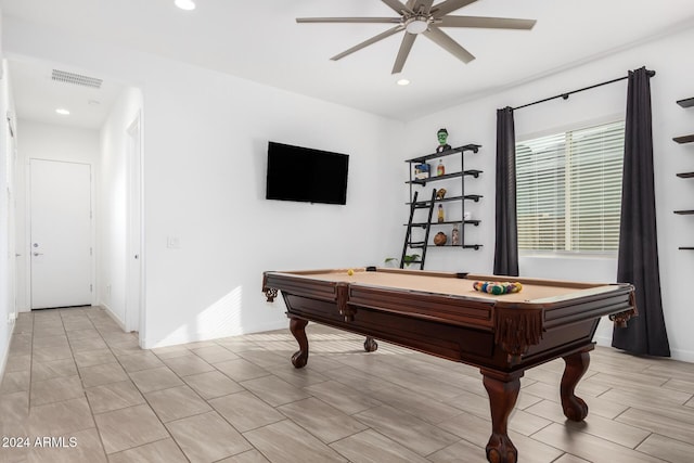 recreation room featuring ceiling fan and pool table