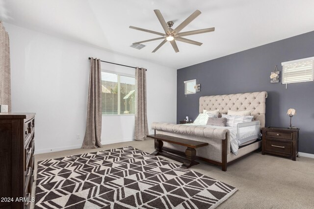 bedroom featuring carpet flooring and ceiling fan