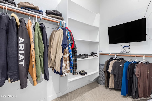 walk in closet featuring light colored carpet