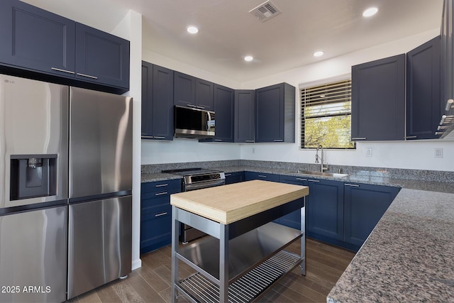 2943 E Lookout Ln, Overgaard, AZ 85933 - kitchen with appliances with stainless steel finishes, a sink, blue cabinetry, dark wood-style flooring, and recessed lighting