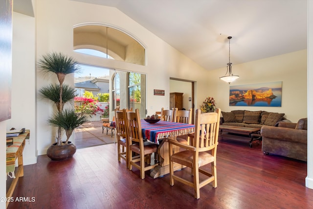 dining area featuring lofted ceiling and dark wood-type flooring