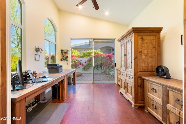 office featuring dark wood-type flooring, ceiling fan, and lofted ceiling