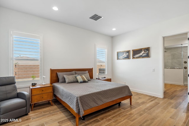 bedroom featuring recessed lighting, light wood-type flooring, and visible vents