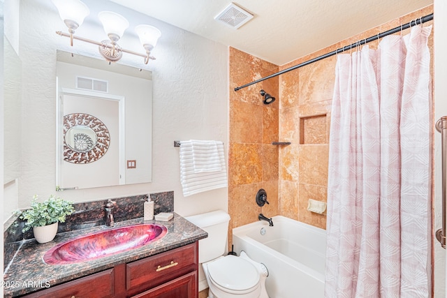 3597 W Mineral Butte Dr, San Tan Valley, AZ 85144 - bathroom featuring shower / bath combo with shower curtain, vanity, and a textured wall