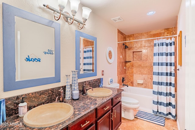 3597 W Mineral Butte Dr, San Tan Valley, AZ 85144 - full bathroom with double vanity, shower / bath combo with shower curtain, and tile patterned flooring