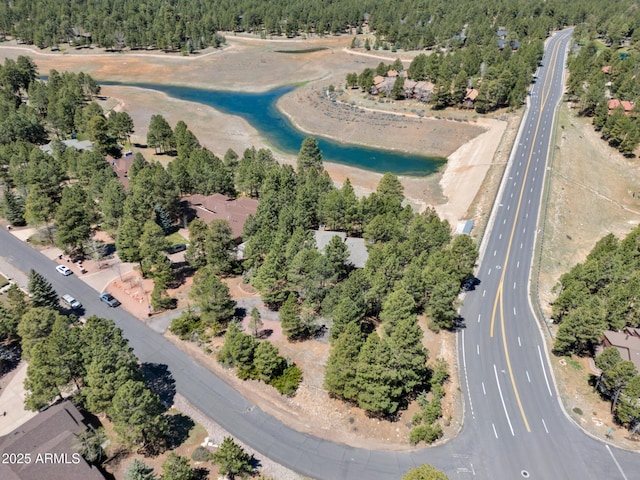 951 N Sky View St, Flagstaff, AZ 86004 - aerial overview of property's location with a nearby body of water, a heavily wooded area, and a highway