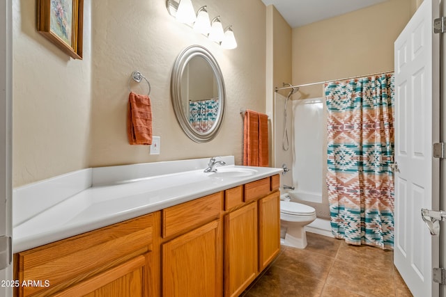 full bathroom with vanity, tile patterned floors, toilet, and shower / bathtub combination with curtain