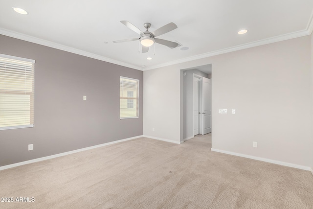 1848 S Follett Way, Gilbert, AZ 85295 - spare room featuring light colored carpet, baseboards, a ceiling fan, crown molding, and recessed lighting