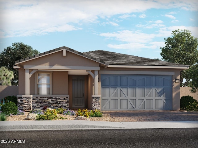 view of front of property featuring an attached garage, stucco siding, driveway, and stone siding