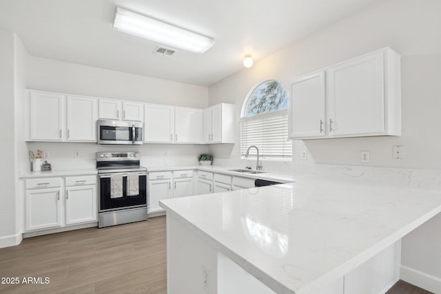 kitchen featuring kitchen peninsula, white cabinetry, stainless steel appliances, and sink