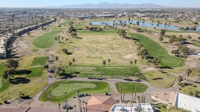 bird's eye view with a water and mountain view