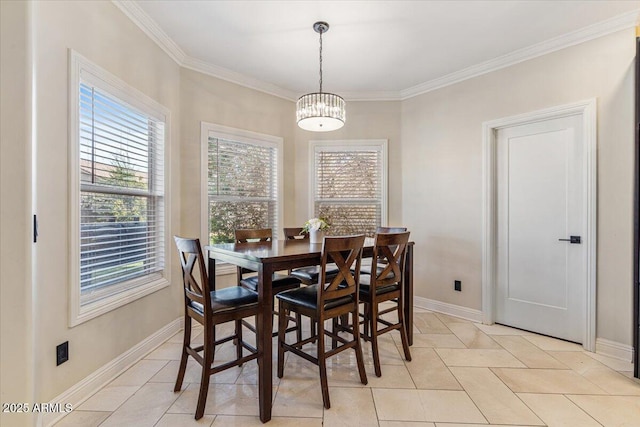 tiled dining room with a chandelier and ornamental molding