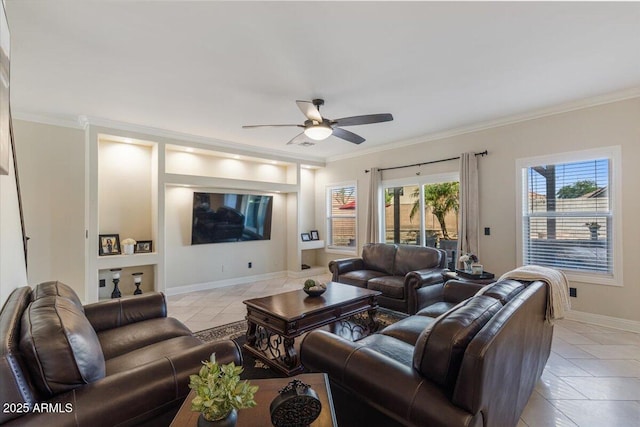 living room with ornamental molding, ceiling fan, and light tile patterned floors