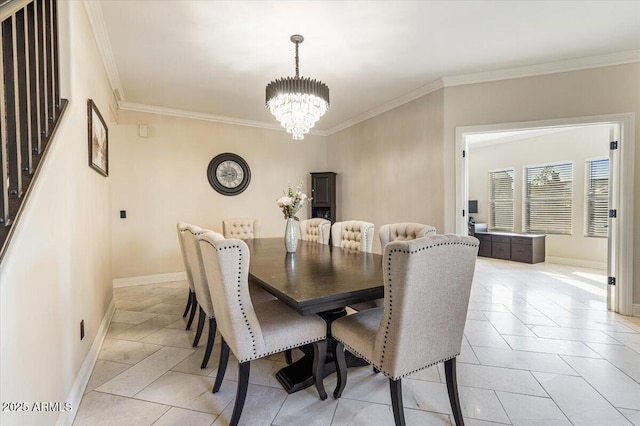 dining room featuring crown molding, a chandelier, and light tile patterned floors