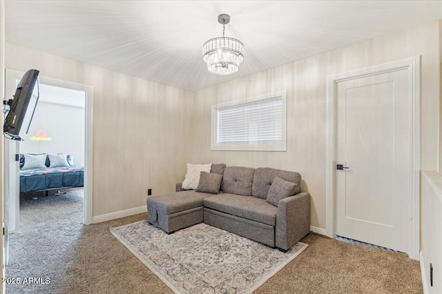 living room featuring a notable chandelier and light carpet