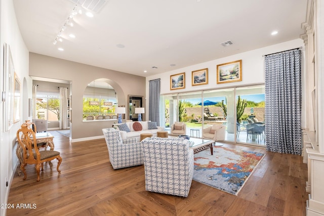 living room with track lighting and hardwood / wood-style flooring