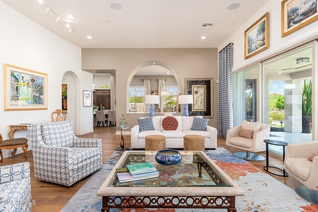 living room with hardwood / wood-style floors and a healthy amount of sunlight