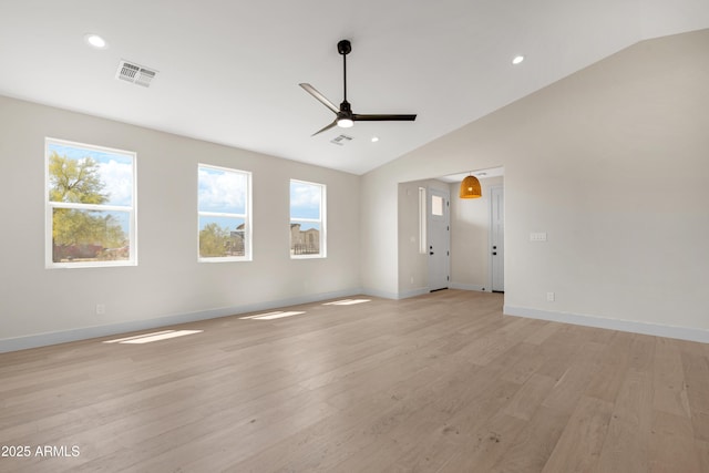 19622 W Pasadena Ave, Litchfield Park, AZ 85340 - unfurnished living room featuring a healthy amount of sunlight, visible vents, a ceiling fan, and lofted ceiling