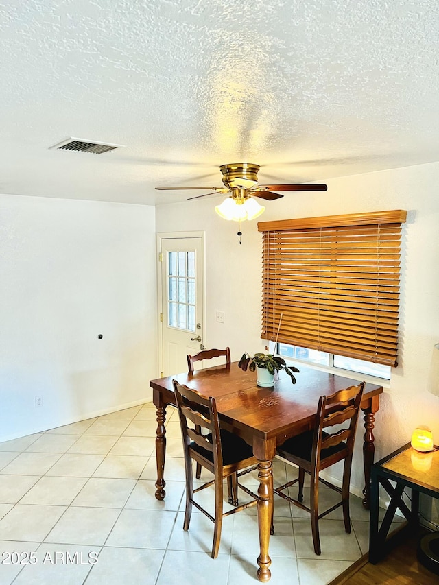 dining area with visible vents, ceiling fan, and a textured ceiling