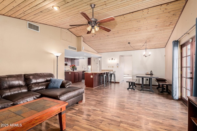 50031 N 27th Ave, New River, AZ 85087 - living area with wooden ceiling, a ceiling fan, wood finished floors, and high vaulted ceiling