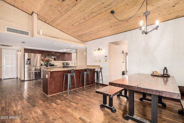 50031 N 27th Ave, New River, AZ 85087 - dining space featuring wood ceiling, vaulted ceiling, dark wood-type flooring, and a chandelier