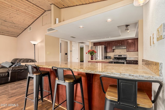 50031 N 27th Ave, New River, AZ 85087 - kitchen with appliances with stainless steel finishes, under cabinet range hood, wood ceiling, dark wood-style flooring, and a breakfast bar