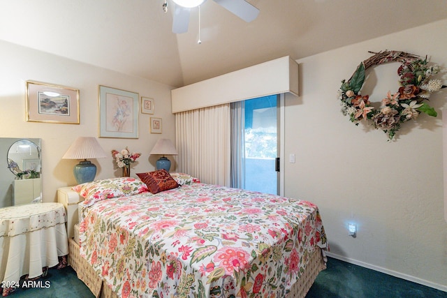 bedroom featuring dark colored carpet, vaulted ceiling, access to outside, and ceiling fan