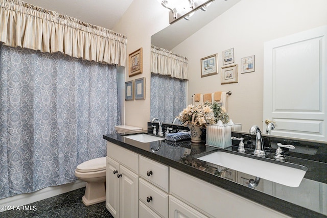 bathroom with vanity, toilet, and a shower with shower curtain