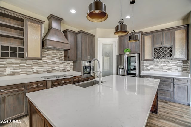 kitchen with appliances with stainless steel finishes, tasteful backsplash, a kitchen island with sink, decorative light fixtures, and custom range hood