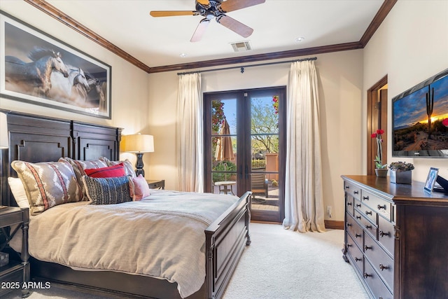 bedroom featuring access to exterior, visible vents, ornamental molding, and light carpet